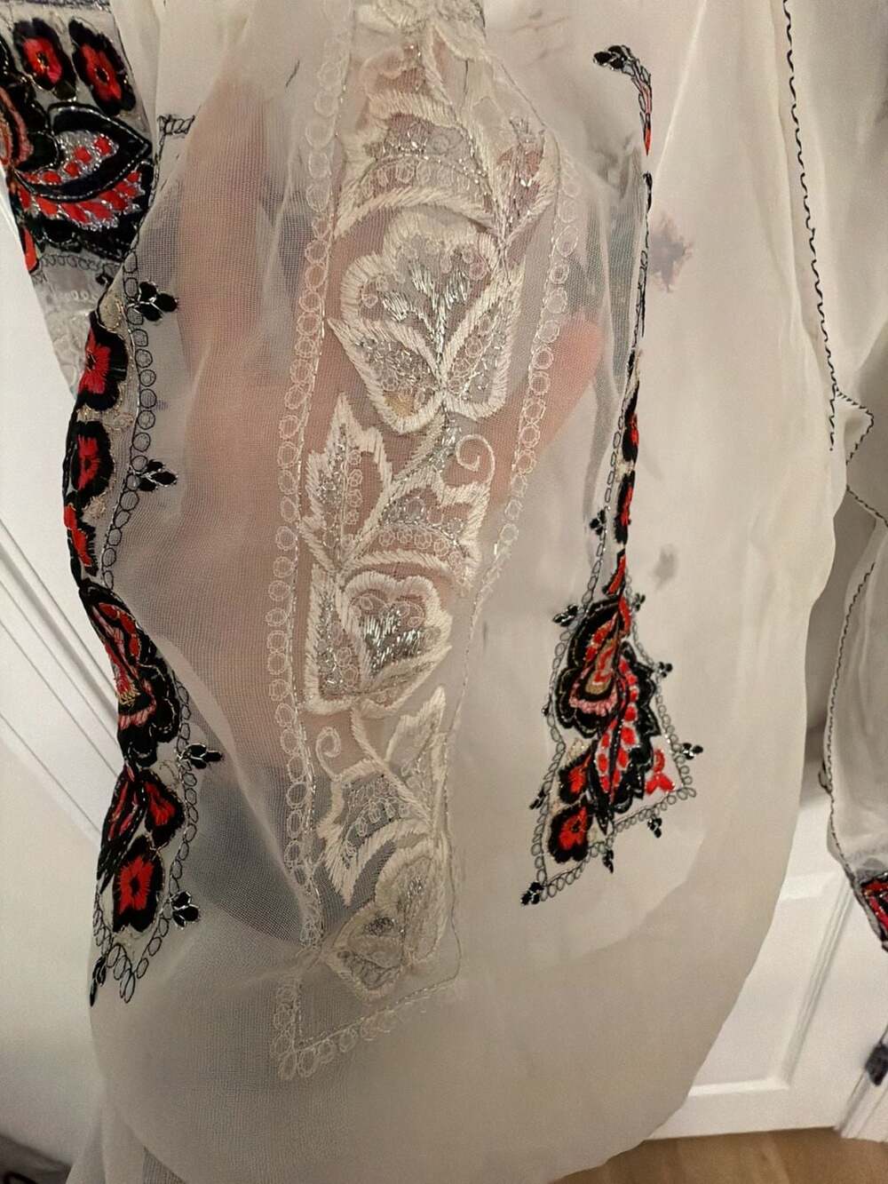 Vintage Sheer Embroidered Peasant Blouse White Floral Folk Style - Picture 4 of 11